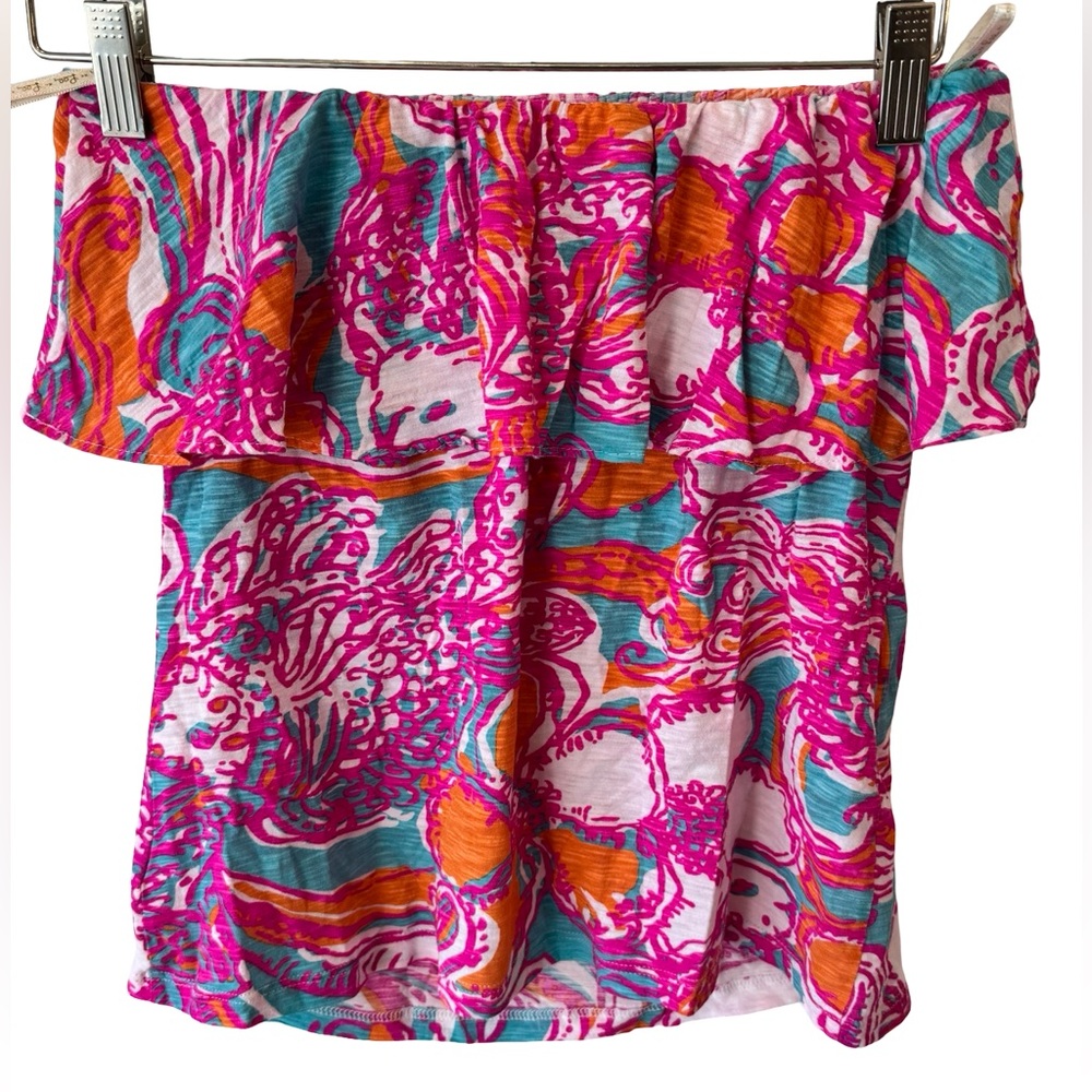 Lilly Pulitzer Wiley Ruffle Strapless Tube Top in Shorely Blue Feeling Sz M EUC